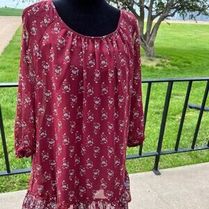 Aula sheer burgundy top, ruffle hem & open shoulder, women's size M